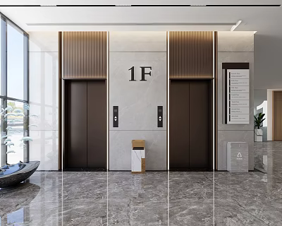 Modern Elevator Lobby with Two Elevators Stone Walls and Marble Flooring 3d model