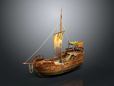 Wooden Ship Model With Sail Mast Yellow Flags And Wooden Hull Structure 3d model