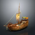 Wooden Ship Model With Sail Mast Yellow Flags And Wooden Hull Structure