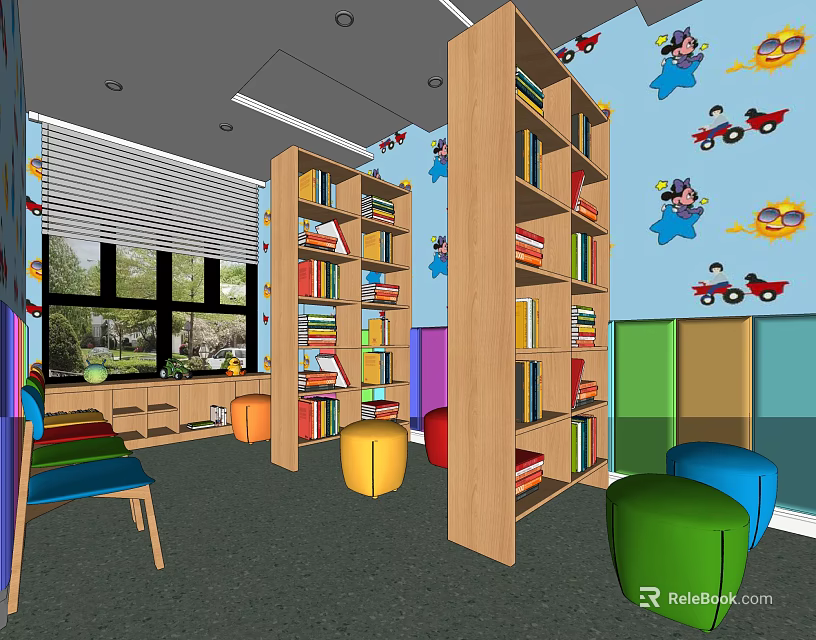 Kindergarten Indoor Space With Colorful Bookshelves Cartoon Wall And Colorful Stools 3d model 