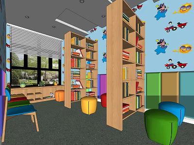 Kindergarten Indoor Space With Colorful Bookshelves Cartoon Wall And Colorful Stools 3d model