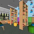 Kindergarten Indoor Space With Colorful Bookshelves Cartoon Wall And Colorful Stools