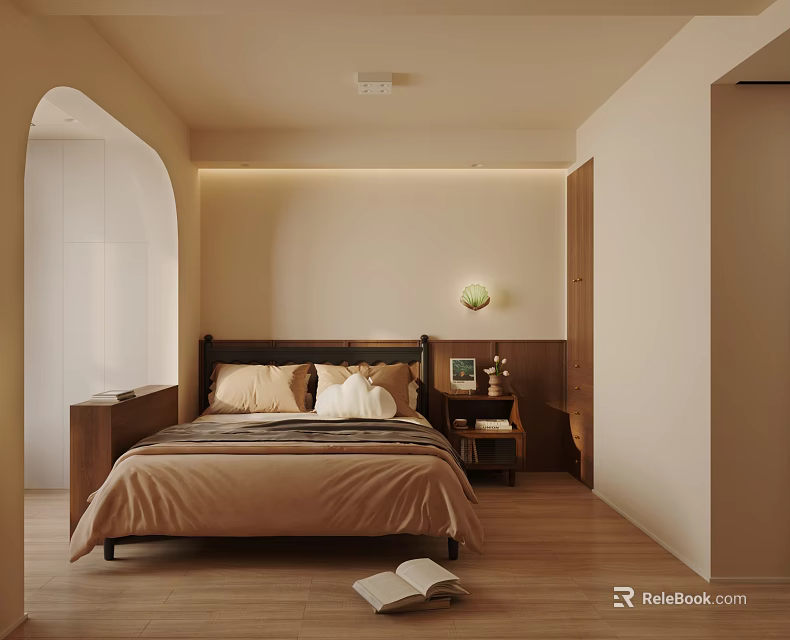 Warm Modern Bedroom Interior Design With Black Headboard Beige Pillows Brown Blanket And Wooden Floors 3d model 