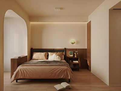 Warm Modern Bedroom Interior Design With Black Headboard Beige Pillows Brown Blanket And Wooden Floors 3d model