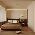 Warm Modern Bedroom Interior Design With Black Headboard Beige Pillows Brown Blanket And Wooden Floors