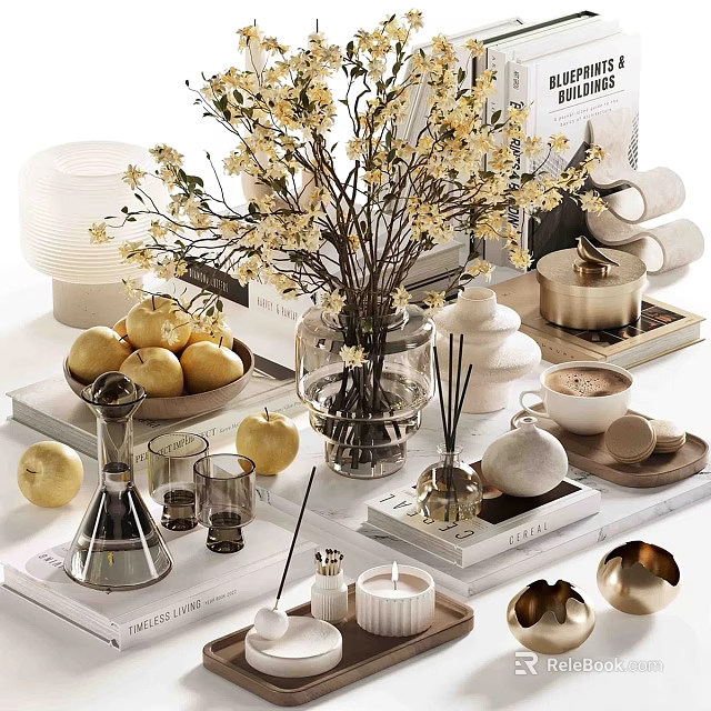 Decorative Ornament Set Featuring Vase Dried Flowers Lemons Candles Diffuser And Metallic Decor 3d model 