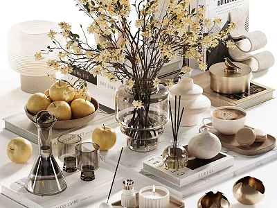 Decorative Ornament Set Featuring Vase Dried Flowers Lemons Candles Diffuser And Metallic Decor 3d model