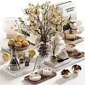 Decorative Ornament Set Featuring Vase Dried Flowers Lemons Candles Diffuser And Metallic Decor