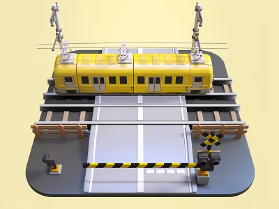 Yellow Train on Railway Track with Level Crossing Barrier and Signal Lights 3d model