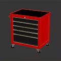 Red Bookcase with Multiple Drawers Shelves Black Top and Rolling Casters 3d model