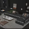 Modern Black Leather L Shaped Sofa With White Marble Coffee Table And Brown Ottoman