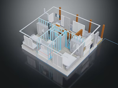 Cartoon Room 3D Model Interior With Blue Frame Structure And White Walls 3d model
