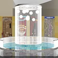 Spacious Exhibition Hall Interior With Neatly Arranged Transparent Display Cases And Posters