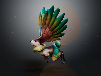 Mythical Animal With Vibrant Green And Red Feather Wings Flying In Fantasy Scene 3d model