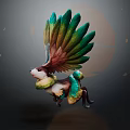 Mythical Animal With Vibrant Green And Red Feather Wings Flying In Fantasy Scene