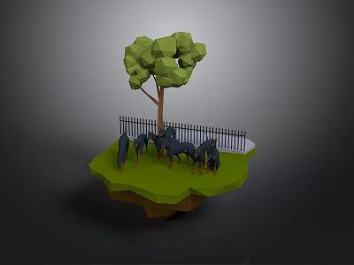 Low Poly Green Scenic Platform With Tree Black Fence And Deer Animals 3d model