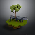 Low Poly Green Scenic Platform With Tree Black Fence And Deer Animals