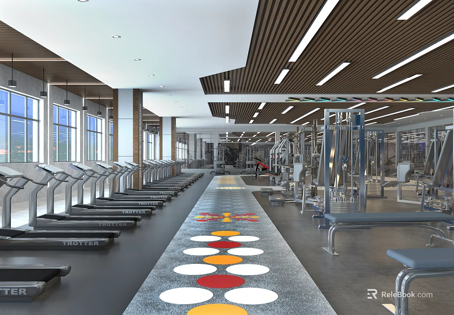 Modern Gym Interior With Treadmills Strength Training Equipment And Workout Space 3d model 