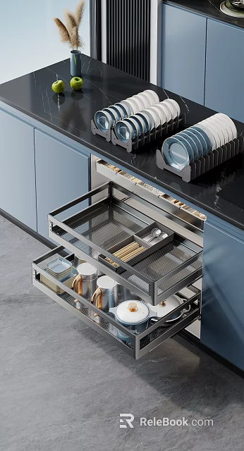 Modern Blue Kitchen Cabinets With Open Drawer Metal Mesh Organizer Utensils And Black Countertop 3d model 