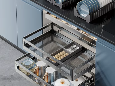 Modern Blue Kitchen Cabinets With Open Drawer Metal Mesh Organizer Utensils And Black Countertop 3d model