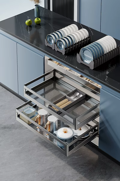 Modern Blue Kitchen Cabinets With Open Drawer Metal Mesh Organizer Utensils And Black Countertop 3d model