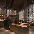 Modern Restaurant Interior With Wooden Counter Display Shelves And Ambient Lighting