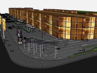 Modern Multi Story Commercial Building With Glass Facade Street Lamps And Signboards 3d model