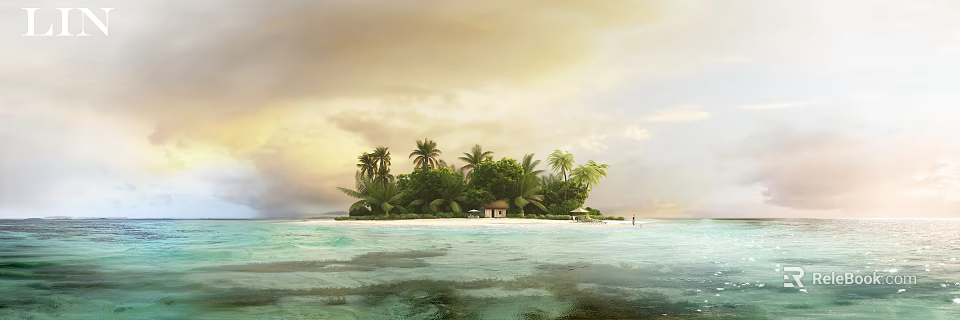 Tropical Island Garden Landscape With Lush Palm Trees Green Vegetation Seaside Hut And Calm Water 3d model 