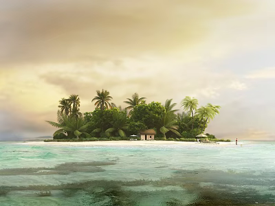 Tropical Island Garden Landscape With Lush Palm Trees Green Vegetation Seaside Hut And Calm Water 3d model