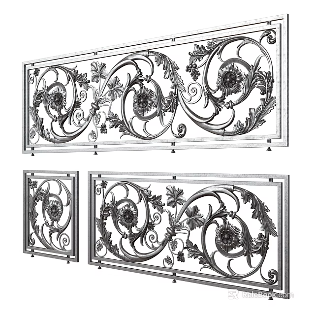 Ornamental Wrought Iron Fence With Intricate Floral Designs And Various Panels 3d model 