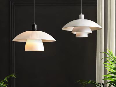 Elegant White Pendant Lights With Mushroom Shaped Domes Hanging On Dark Wall And Green Plants 3d model