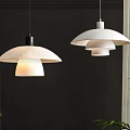 Elegant White Pendant Lights With Mushroom Shaped Domes Hanging On Dark Wall And Green Plants