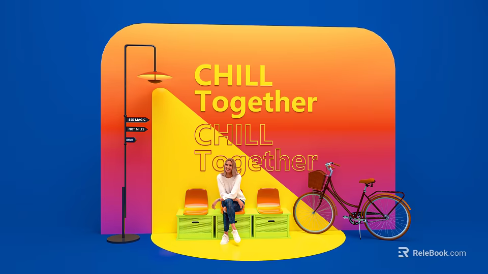 Trendy Photo Check in Spot with Chill Together Sign Gradient Background Yellow Seats and Bicycle 3d model 
