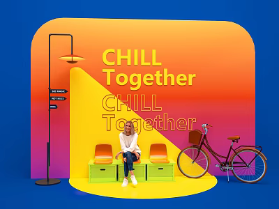 Trendy Photo Check in Spot with Chill Together Sign Gradient Background Yellow Seats and Bicycle 3d model