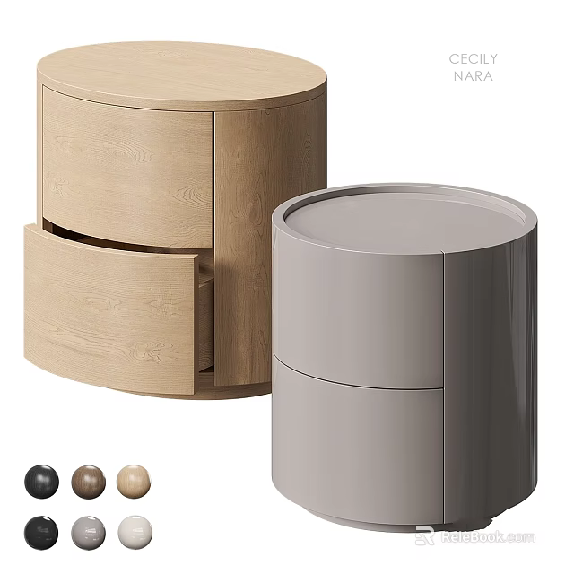 Stylish Round Nightstands in Light Wood and Gray with Drawers Layered Design and Color Options 3d model 