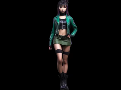 Woman Wearing Green Jacket Black Top Green Skirt Leg Straps Black Boots Black Background 3d model