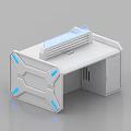 Modern Office Desk Design With White Cabinetry And Blue Accent Lighting Features