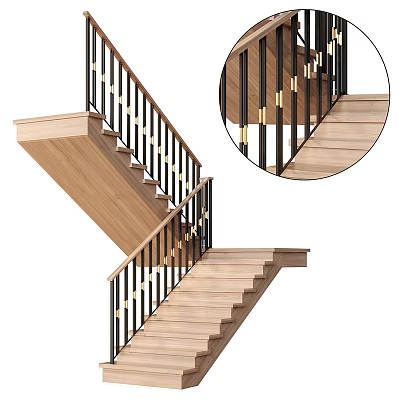 Modern Wooden Staircase Design With Black Railings And Gold Accent Details 3d model