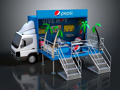Pepsi Daily Living Supplies Display Booth Featuring White Truck And Palm Trees 3d model