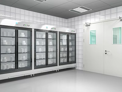 Commercial Kitchen Appliances With Glass Door Refrigerators And White Tiled Walls 3d model