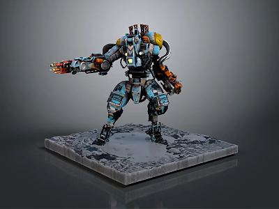 3D Mech Model Standing with Blue Orange Armor and Mechanical Weapon on Rock Base 3d model