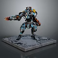 3D Mech Model Standing with Blue Orange Armor and Mechanical Weapon on Rock Base