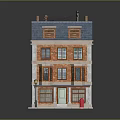 Three Story Brick Building Model With Blue Roof Windows Street Lamp And Fire Hydrant