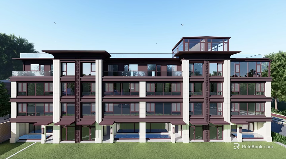 Modern Multi Story Detached Villa With Large Windows Green Lawn And Swimming Pool 3d model 