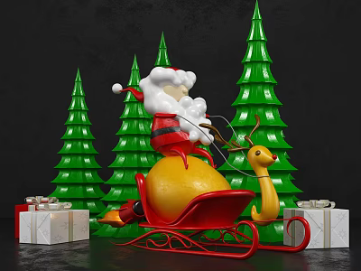 Christmas Decorative Ornament Set with Santa Claus Green Trees Sleigh Reindeer and Gift Boxes 3d model