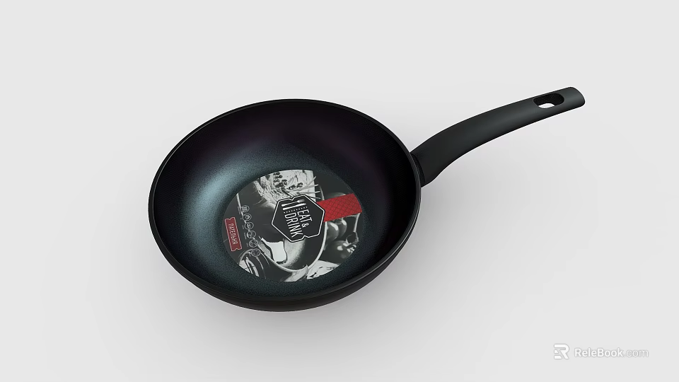 Stylish Black Frying Pan With Decorative Pattern And Black Handle For Kitchen Cookware 3d model 
