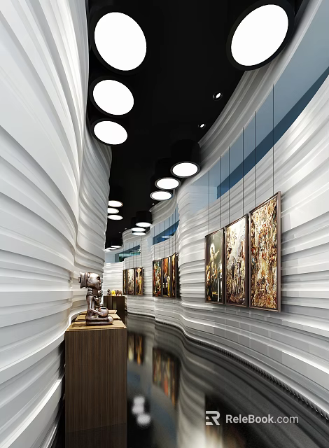 Contemporary Elevator Lobby With Wavy White Walls Round Ceiling Lights And Art Paintings 3d model 