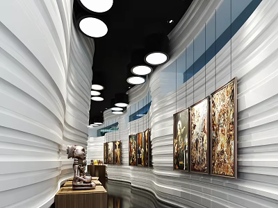Contemporary Elevator Lobby With Wavy White Walls Round Ceiling Lights And Art Paintings 3d model
