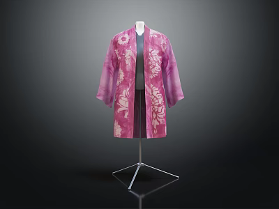 Elegant Long Pink Kimono Style Coat With White Floral Pattern On Mannequin 3d model