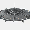 Futuristic Circular Metallic Platform With Central Antenna And Illuminated Mechanical Components
